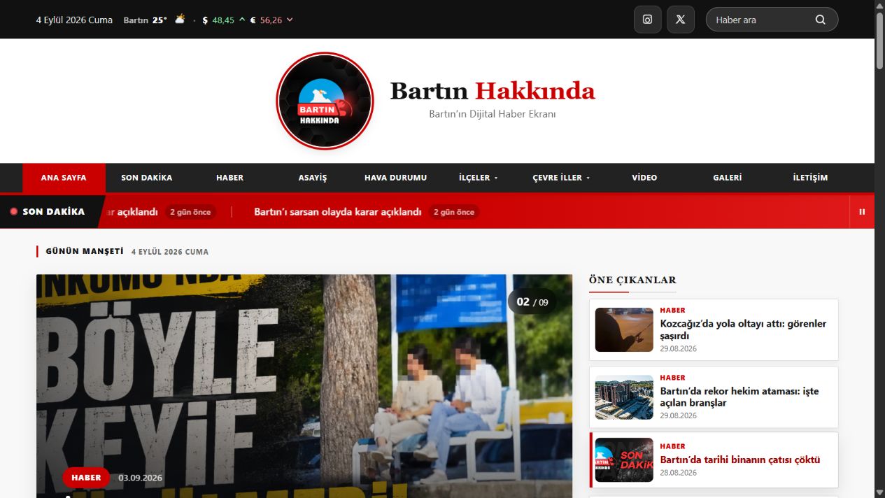 Bartın Hakkında yerel haber sitesinin ana sayfa arayüzü