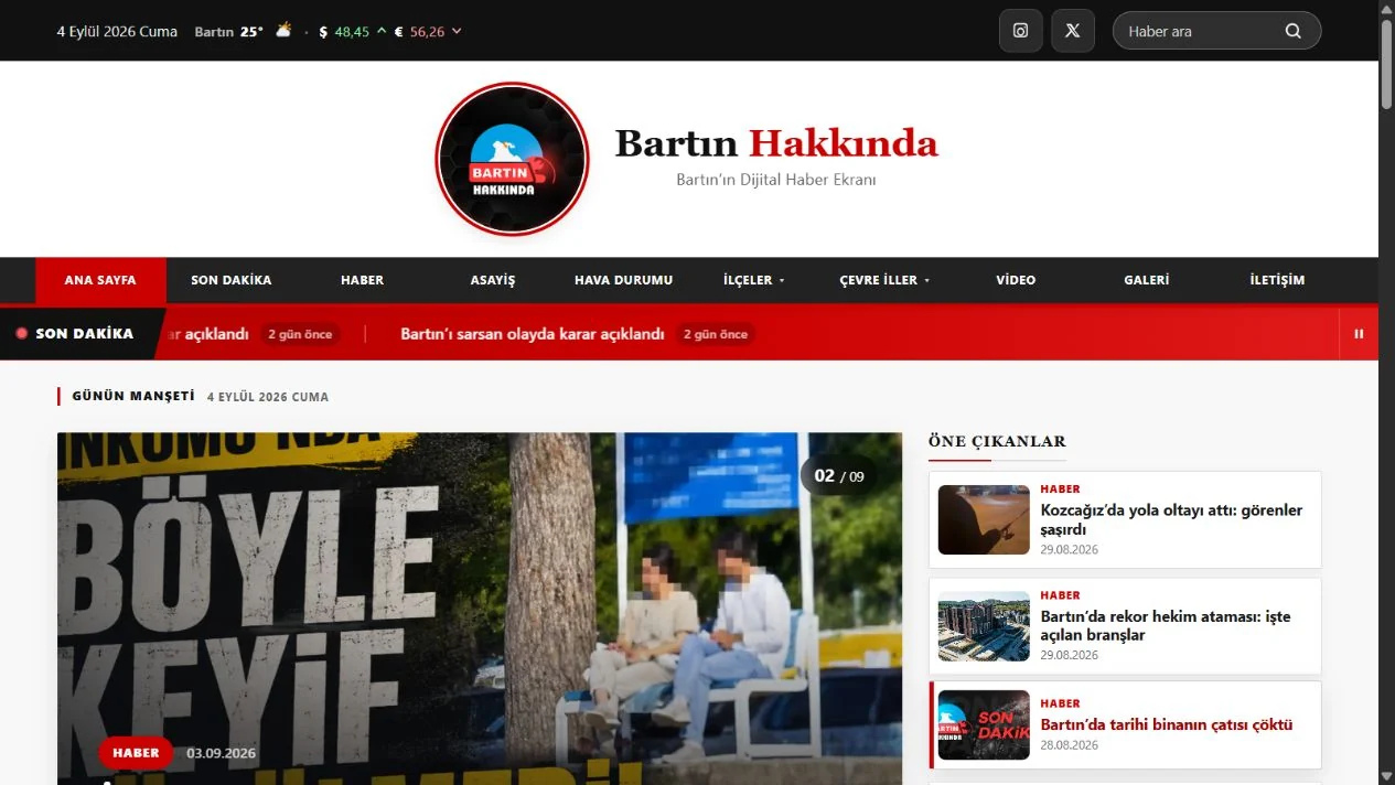 Bartın Hakkında yerel haber sitesinin ana sayfa arayüzü