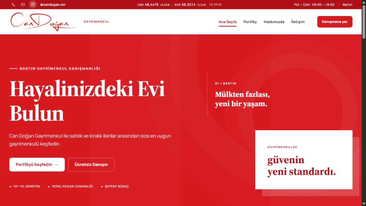 Can Doğan Gayrimenkul web sitesinin ana sayfa arayüzü