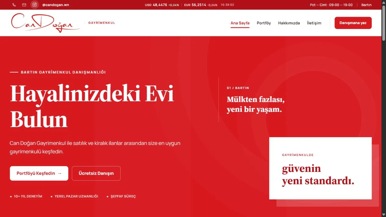 Can Doğan Gayrimenkul web sitesinin ana sayfa arayüzü